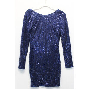 Club L Bodycon All Over Sequin‎ Short Dress Women 8 Open Cowl Back Side Zip Blue
